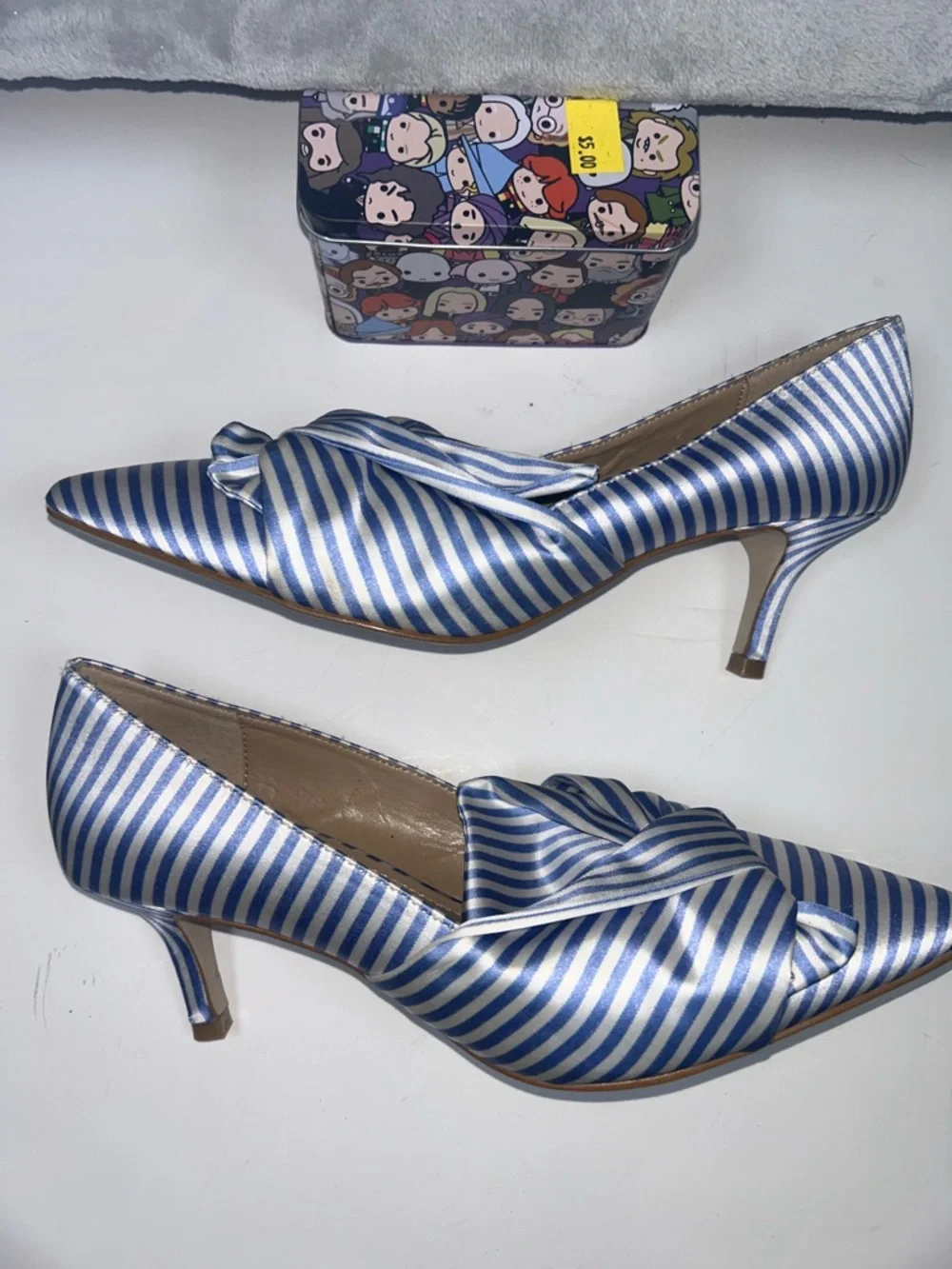 Gunmetal Gunnii Blue White Striped Knot Pointed-Toe Flats - Picture 8 of 10
